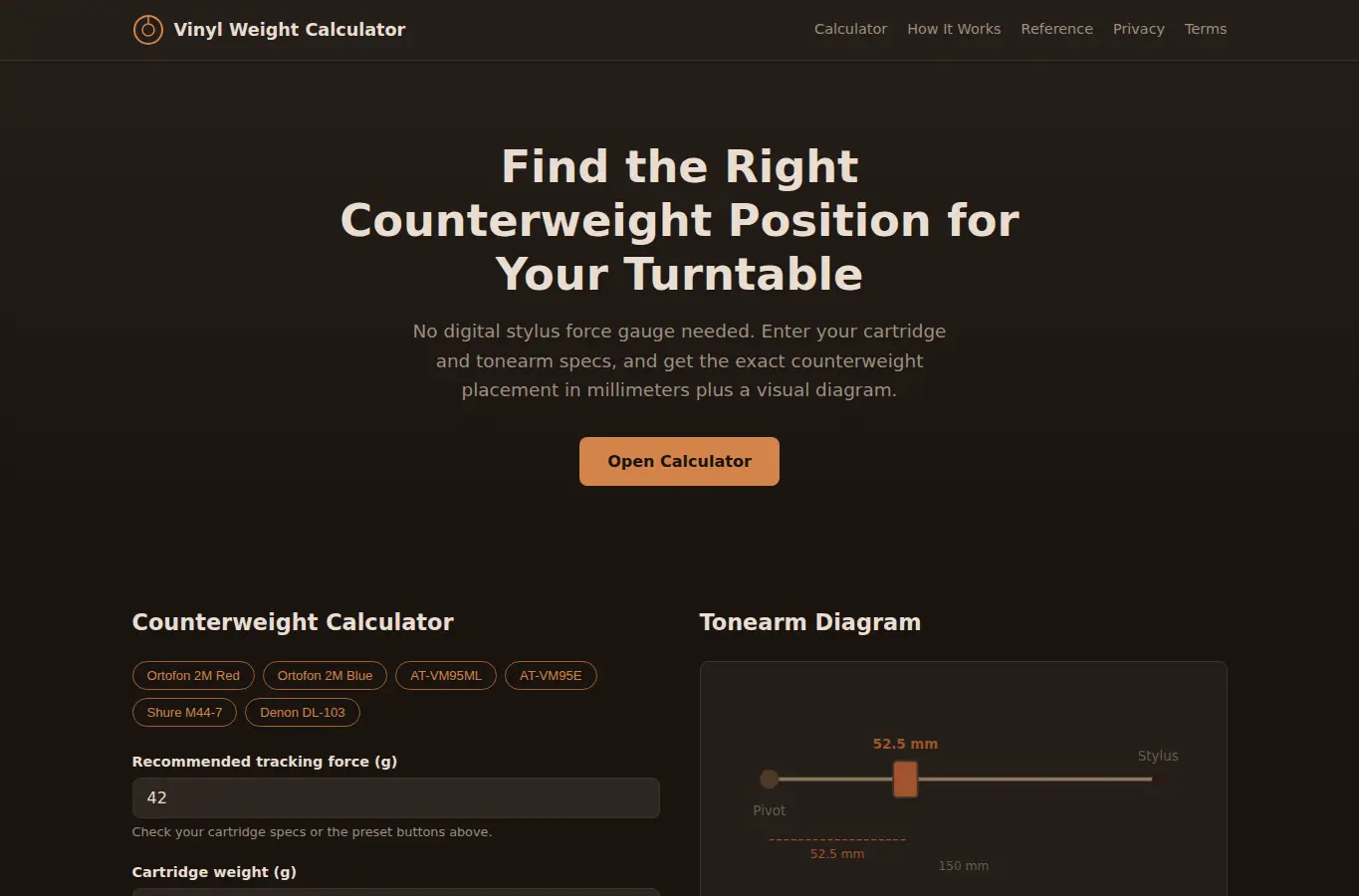 Screenshot of Vinyl Weight Placement Calculator interface showing the project page in use